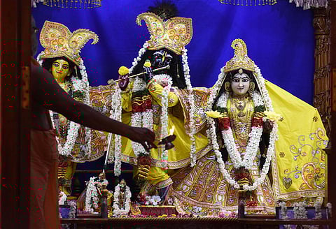 Devotees worship lord Krishna at Gowdya Math in Royapettah on the occasion of Krishna Jayanthi on Wednesday. (Photo | Ashwin Prasath)