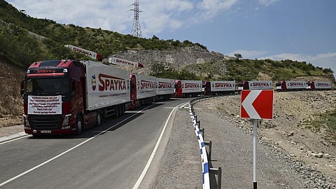 Vehicles carrying essential items to Nagorno-Karabakh are stuck at the checkpoints. (AP)