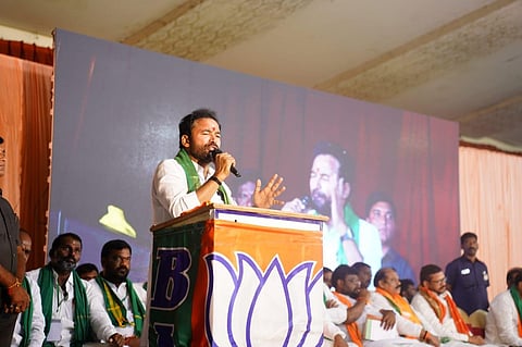 BJP State President G Kishan Reddy addresses the gathering during the Kisan Morcha Rythu Sammelan in Hyderabad on Tuesday. (Photo | Express)