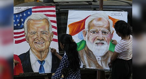 Students of Gurukul school of Art draw portraits of US President Joe Biden and PM Narendra Modi ahead of the upcoming G20 summit, in Mumbai, India, Tuesday, Sept. 5, 2023. (Photo | AP)