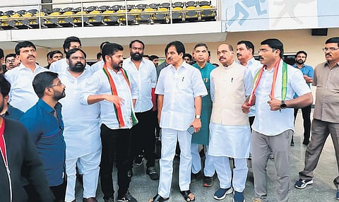 TPCC chief A Revanth Reddy explains the arrangements being made for the CWC meeting to AICC general secretary KC Venugopal