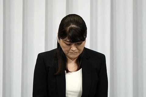 Julie Keiko Fujishima, outgoing president of entertainment company Johnny & Associates Inc. bows during a press conference. (Photo | AP)