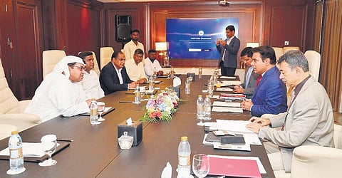 IT Minister KT Rama Rao and Industries & Commerce Principal Secretary Jayesh Ranjan hold a meeting with officials from the UAE government and Consulate General of India in Dubai on Wednesday