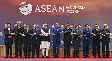 PM Narendra Modi poses with leaders of ASEAN nations during the Association of the Southeast Asian Nations (ASEAN)-India Summit in Jakarta, Sept. 7, 2023. (Photo | AP)