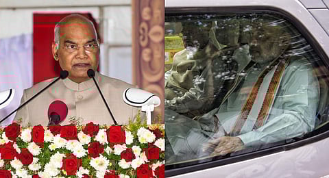 (R) Amit Shah and Arjun Ram Meghwal after meeting with former President Ram Nath Kovind at his residence in Delhi on Wednesday, (L) a representational image of the former President. (Photo | ANI)