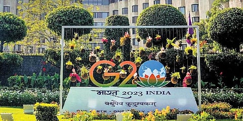 The G20 logo installed at ITC Maurya Hotel which is hosting some high-profile foreign delegates | PTI