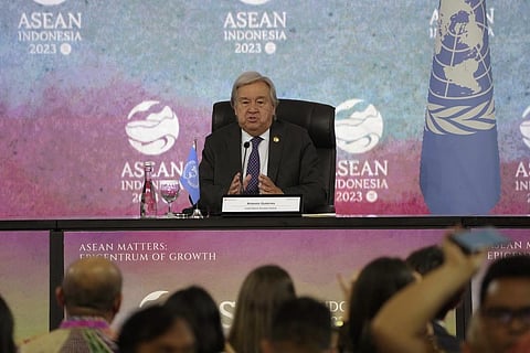 UN Secretary-General Antonio Guterres speaks to the media during a press conference on the sidelines of the ASEAN Summit in Jakarta, Indonesia, Thursday, Sept. 7, 2023. (Photo | AP)