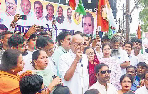 Senior Congress leader Digvijaya Singh at a march on the first anniversary of the launch of ‘Bharat Jodo Yatra’ in Bhopal on Thursday. (Photo | PTI)