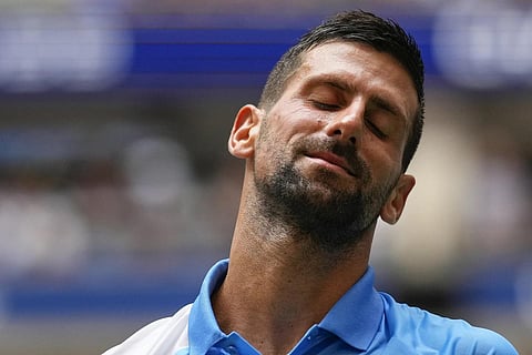 Novak Djokovic reacts during a match against Taylor Fritz during the quarterfinals of the US Open tennis championships, Sept 5, 2023. (Photo | AP)