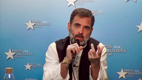 Congress leader Rahul Gandhi speaks during a media interaction at the Brussels Press Club, Belgium. (Photo | PTI)