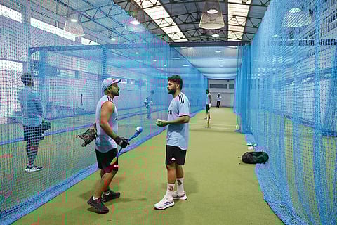 Shardul Thakur practicing in the nets.