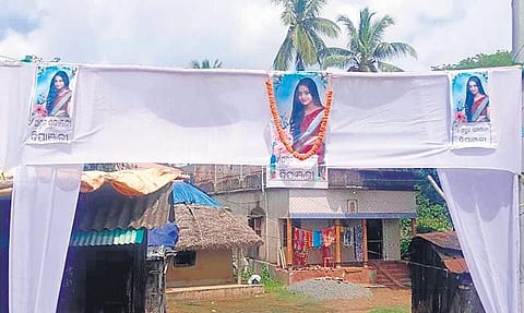 Dipanjali’s parents house, where her last rites were organised and (inset) Dipanjali with her husband after marriage | Express