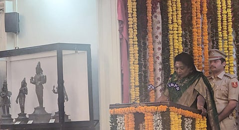 Governor Tamilisai Soundararajan speaks after releasing a coffee-table book on her four years in office at the Raj Bhavan in Hyderabad on Friday. (Photo | Express)