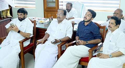 LDF candidate Jaick C Thomas watching the election results on TV at the CPM Kottayam district committee office.(Photo | Express)