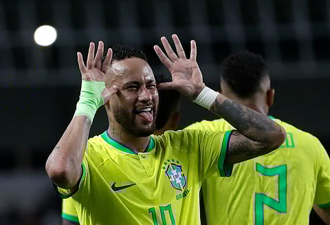 Brazil's Neymar celebrates scoring his side's 5th goal against Bolivia. (Photo | AP)