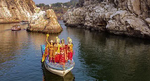 Artists dressed as Lord Rama, Lakshman, Hanuman and goddess  Sita take part in a campaign ahead of inauguration of Ram Temple in Ayodhya, at Bhedaghat in Jabalpur, Dec. 31, 2023. (PTI)