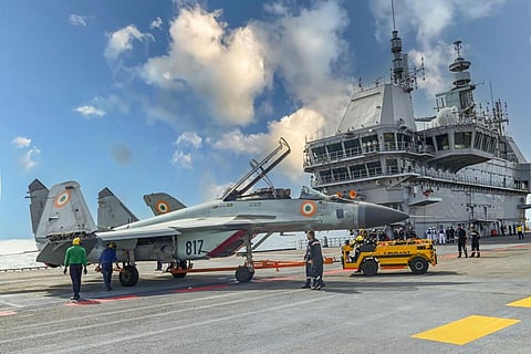 A MIG-29K aircraft of the Indian Navy is seen on the flight deck of the Indigenous Aircraft Carrier (IAC) Vikrant. (File Photo | PTI)