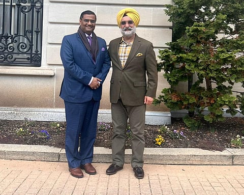 Newly appointed Consul General Prakash Gupta with Indian Ambassador for US Taranjit Singh Sandhu. (Photo| X)