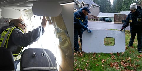NTSB Investigator-in-Charge John Lovell examines the fuselage plug area of Alaska Airlines Flight 1282. (Photo | AP)