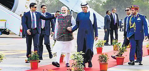 Prime Minister Narendra Modi welcomes UAE President Mohamed bin Zayed Al Nahyan upon his arrival in Ahmedabad | PTI