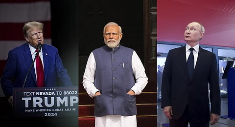 (L to R) A collage of Former US President Donald Trump, India's Prime Minister Narendra Modi and Russian President Vladimir Putin. (File Photo | AP)