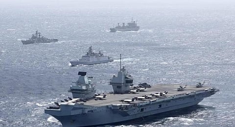 Aircraft carrier HMS Queen Elizabeth during the exercise. (Photo | Indian Navy)