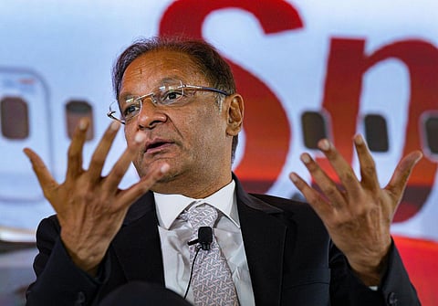 SpiceJet Chairman and Managing Director Ajay Singh speaks during an interactive session at the CAPA India Aviation Summit 2023, in New Delhi. (Photo | PTI)
