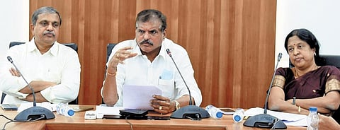 Education Minister Botcha Satyanarayana holding talks with municipal workers’ unions to resolve strike, in Vijayawada on Wednesday I express