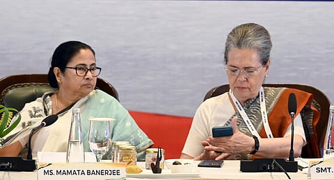TMC supremo Mamata Banerjee and former AICC president Sonia Gandhi from the first meeting of opposition parties in Bengaluru, July 18, 2023. (File Photo | EPS)