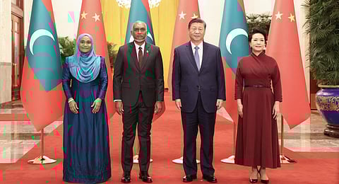 Maldives' President Mohamed Muizzu (2nd L), his wife Sajidha Mohamed (L), Chinese President Xi Jinping (2nd R) and his wife Peng Liyuan.(Photo | AFP)