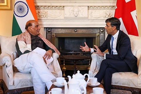 Rajnath Singh meeting Rishi Sunak in London (Photo | MoD)