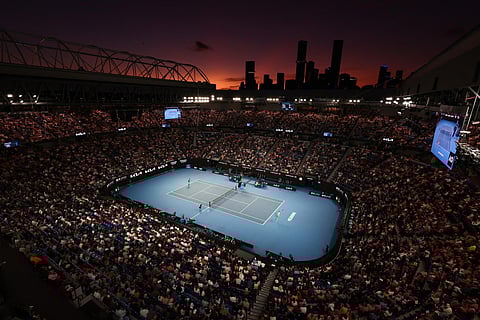 A general view shows Rod Laver Arena after sunset during the women's singles semi-final match of the Australian Open tennis tournament in Melbourne on January 26, 2023. (File Photo | APF)