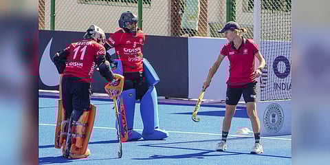 Indian women's hockey team captain Savita Punia with teammate Bichu Devi Kharibam and head coach Janneke Schopman during a training session ahead of the FIH Hockey Olympic Qualifiers 2024 match | PTI