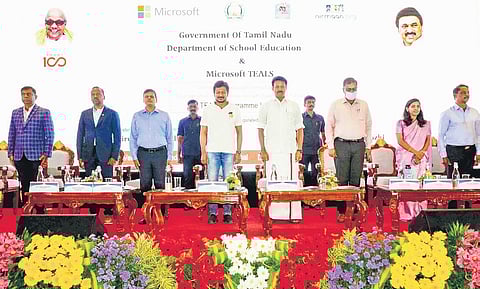 Sports Minister Udhayanidhi Stalin and School Education Minister Anbil Mahesh at the Microsoft TEALS inaugural event on Thursday | Sireen S