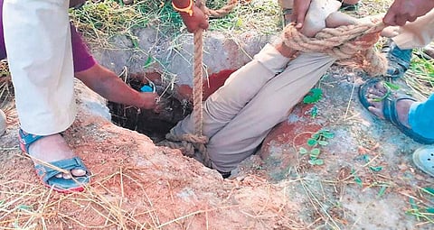 The goat, which belongs to an elderly woman at Kadatchapuram in Mudalur, fell into the well while grazing and got stuck at a depth of 24 feet | Express