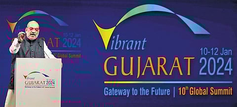Home Minister Amit Shah during the concluding ceremony of Vibrant Gujarat  Global Summit 2024, in Gandhinagar on Friday | pti
