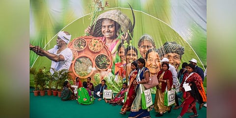 Women farmers checking out farming machineries at the agricultural festival 'Krushi Odisha' at Janata Maidan in Bhubaneswar on Friday. (Photo | Debadatta Mallick)