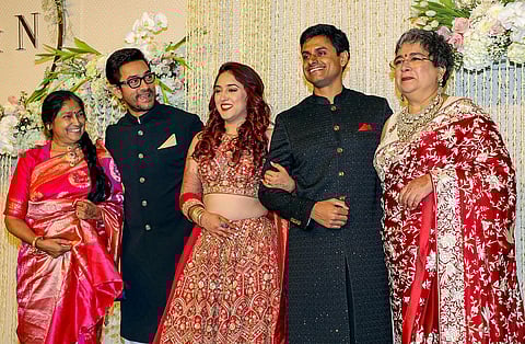 Actor Aamir Khan with film producer Reena Dutta and others poses for photos during the wedding reception ceremony of his daughter Ira Khan and Nupur Shikhare, on Jan 13 | PTI