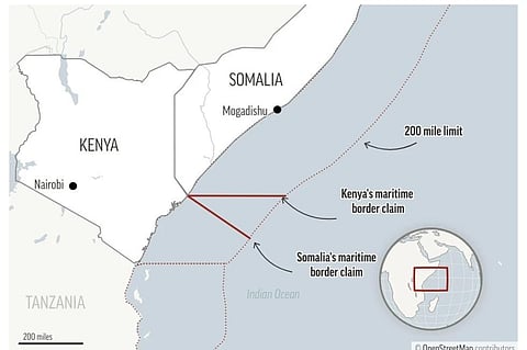 Map shows the Kenya-Somalia coastline and disputed area. (Photo | AP)