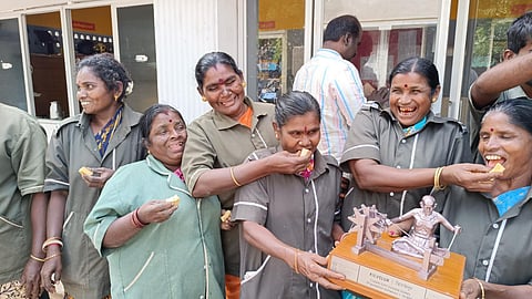 Sanitary workers in Kilvelur celebrate the award for the cleanest local body in South India of Swachh Survekshan on Saturday | Express