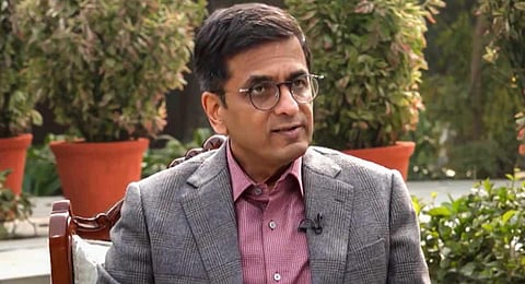 Chief Justice of India (CJI) Justice DY Chandrachud speaks during an with PTI, in New Delhi, Monday, Jan. 1, 2024. (PTI)