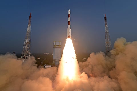 ISROs PSLV-C58 carrying an X-ray polarimeter satelite and 10 other satelites lifts off from the spaceposrt of Sriharikota, Monday, Jan. 1, 2024.