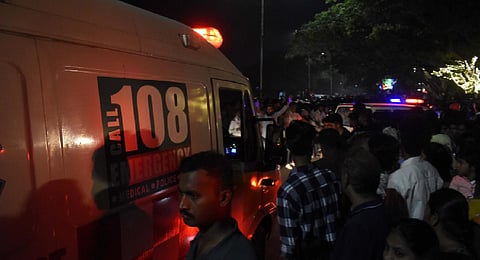 Ambulances were stuck in the traffic during the light show at Valankulam on New Years Eve in the early hours of Monday. (Photo | S Senbagapandiyan, EPS)