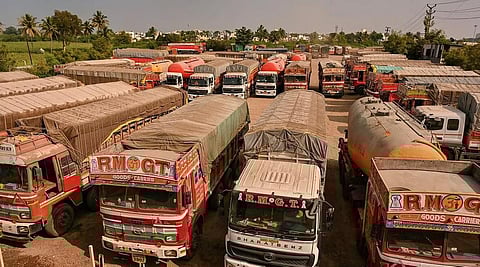 Many truck drivers have joined the strike that has been called to press for the revocation of new provisions and are holding protests. (Photo | PTI)