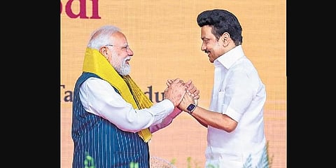 Prime Minister Narendra Modi with Tamil Nadu CM M K Stalin during the inauguration of various developmental works in Tiruchirappalli
