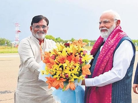 ​  Praful Patel, the administrator of Lakshadweep, welcoming Prime Minister Narendra Modi at Agatti airport   ​