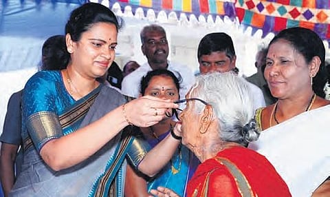 Minister for Health Vidadala Rajini takes part in the Jagananna Aarogya Suraksha inaugural camp at Chinapalakalur in Guntur district on Tuesday I Express