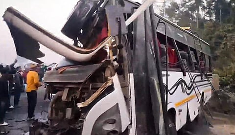 The wreckage of a passenger bus that collided with a truck at Dergaon in Golaghat district of Assam, Wednesday, Jan. 3, 2024. | PTI