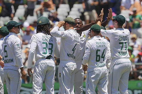 South African players celebrate the wicket of Yashasvi Jaiswal during the second Test against India in Cape Town (Photo | AP)