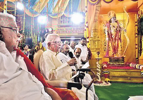 Lawyer K Parasaran speaks after unveiling Lord Rama’s statue at TTD Devasthanam in T Nagar as part of the Ram temple consecration celebrations | Express